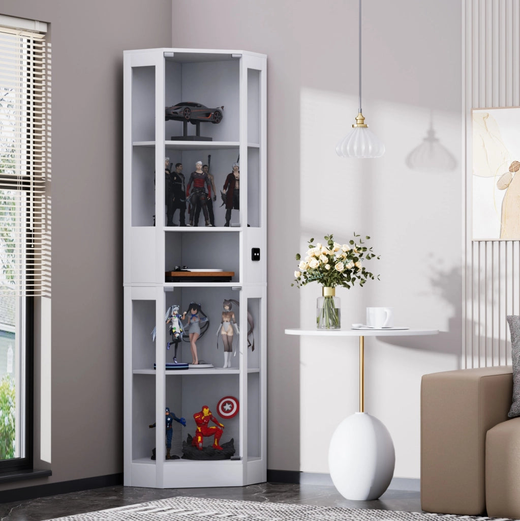 Vetrina bianca in MDF e vetro con illuminazione LED e sensore