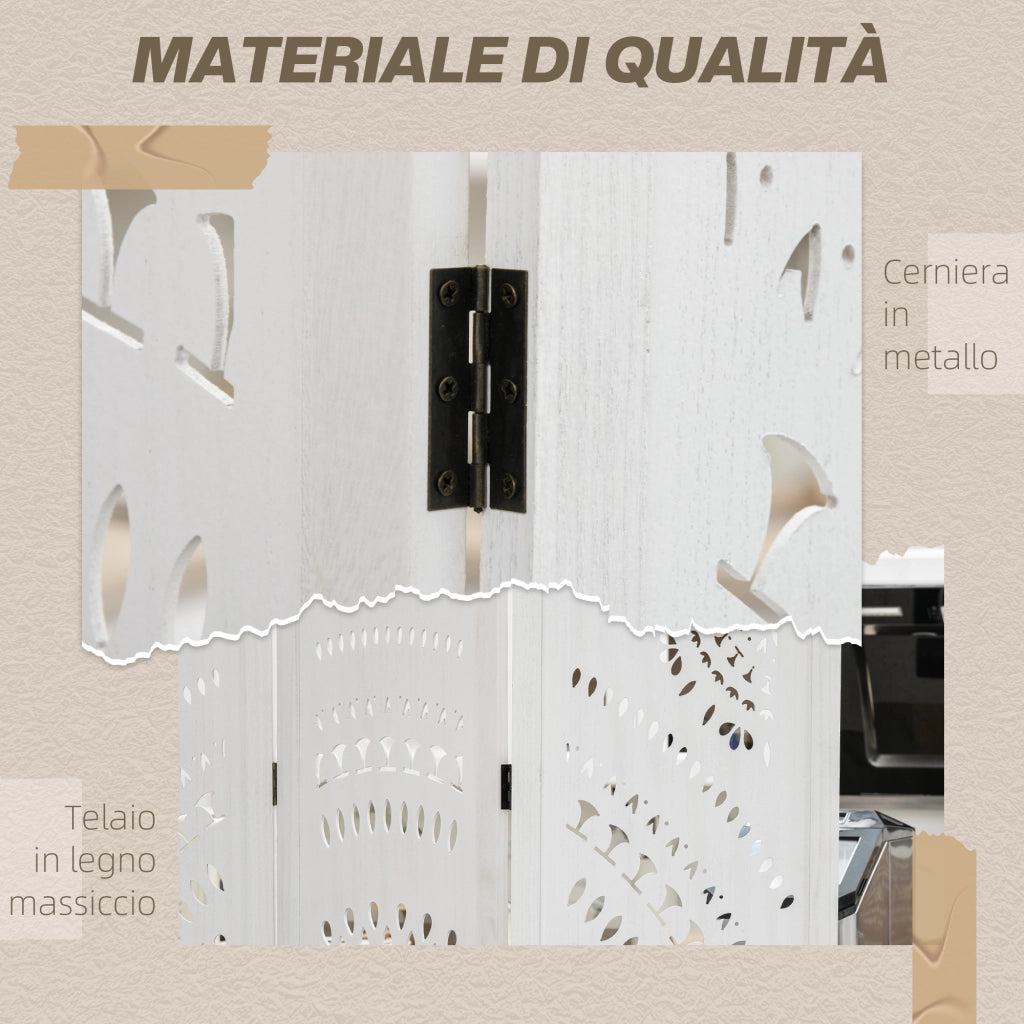 Separ¨¦ Paravento da Interni Pieghevole a 3 Pannelli in Legno Intagliato, 120x170cm, Bianco