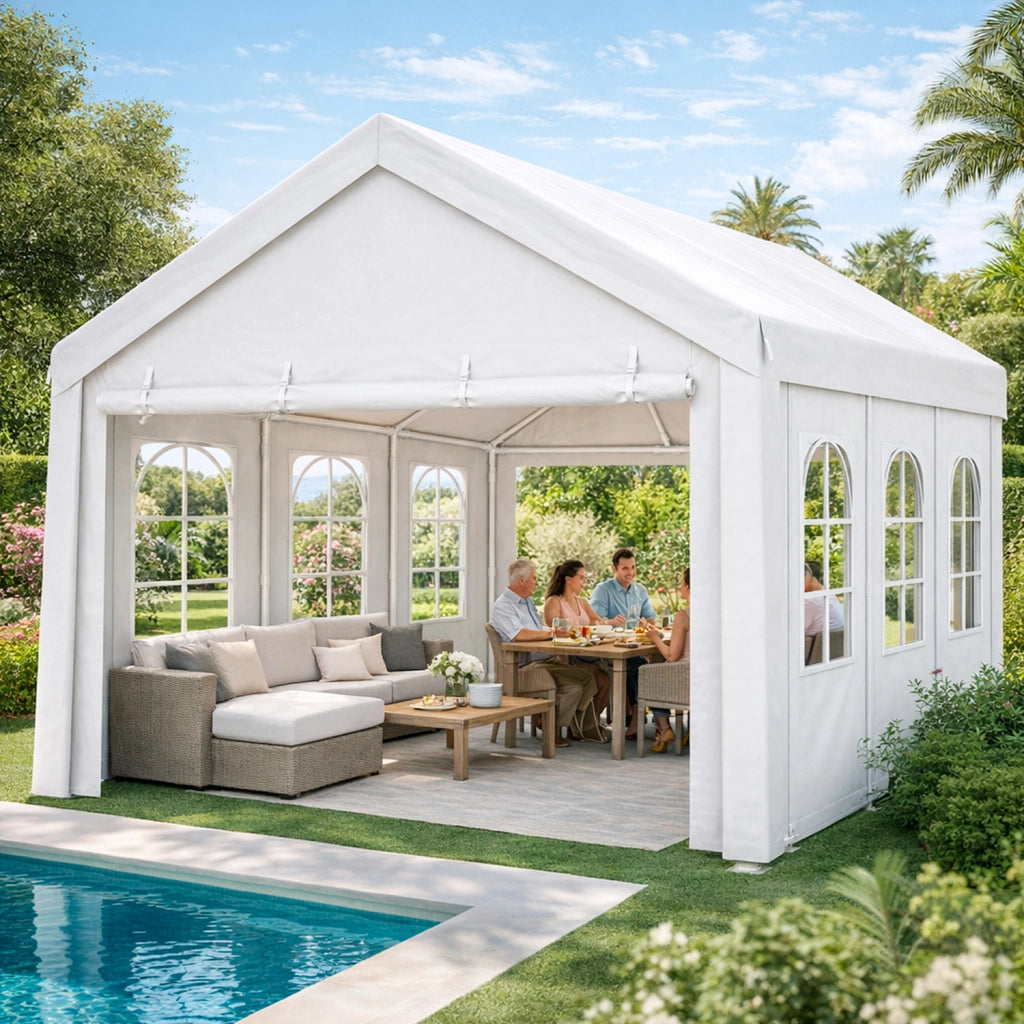 Gazebo Da Giardino Professionale Con Pareti Laterali Modulari E Finestre Cristalline Per Eventi Ricevimenti Catering Copertura Outdoor Resistente Impermeabile 6 x 4 x 3.15 Metri Bianco