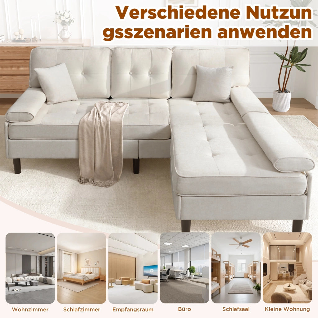 Divano angolare modulare in ciniglia con chaise longue, pouf mobile e cuscini, per piccoli appartamenti, beige chiaro