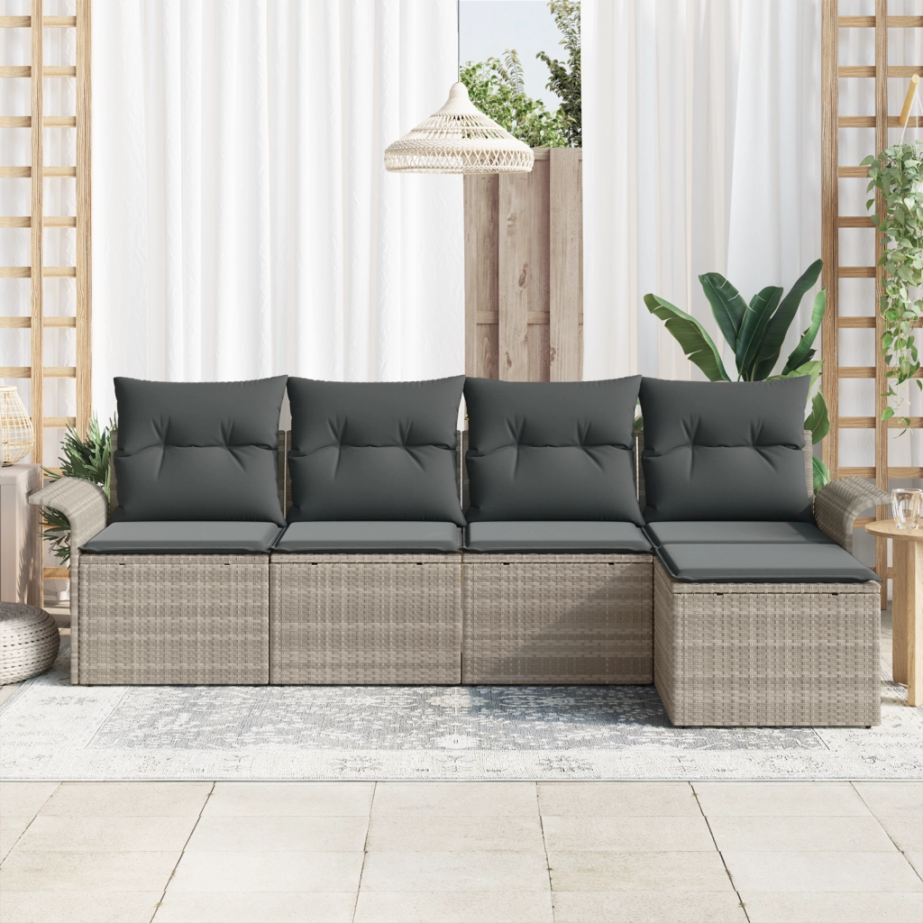 Set di Divani da Giardino a 5 Pezzi con Cuscini Grigio Chiaro Polyrattan