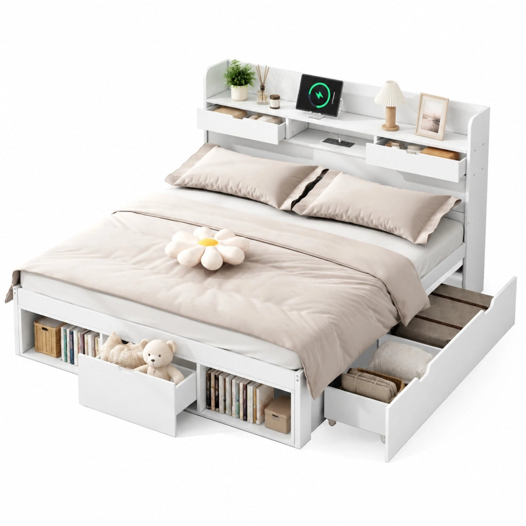 Letto multifunzionale 140x190 cm con USB, vani contenitore e cassetti, bianco, senza materasso