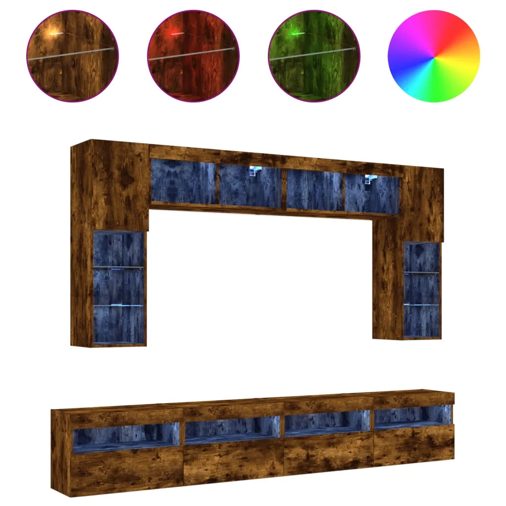 Set Mobili TV a Muro 8 pz con Luci LED Rovere Fumo