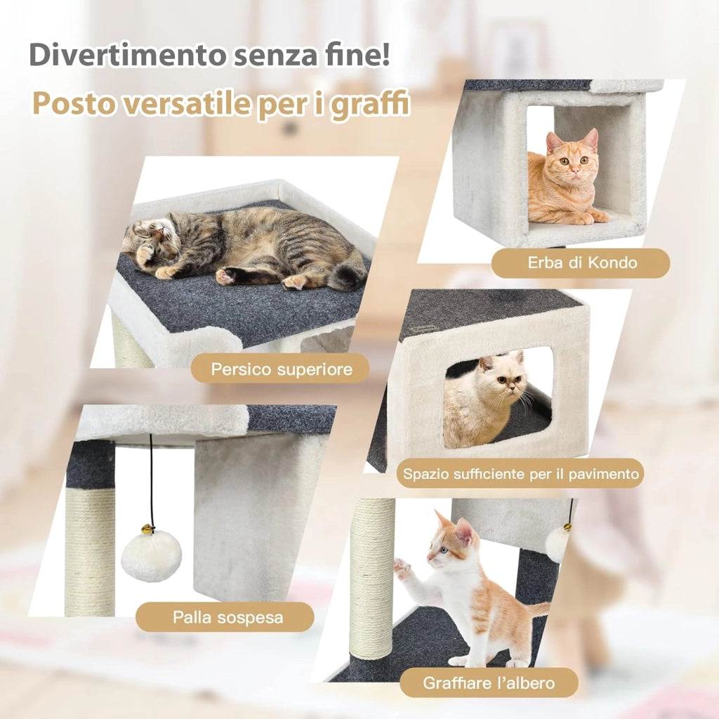 Tiragraffi per Gatti Piccoli, Tiragraffi Gatto con Cuccia, Piattaforme, Pallina e Tiragraffi in Sisal, Albero Tiragraffi in Legno da Divano, Salotto e Camera da Letto, 42 x 42 x 80 cm