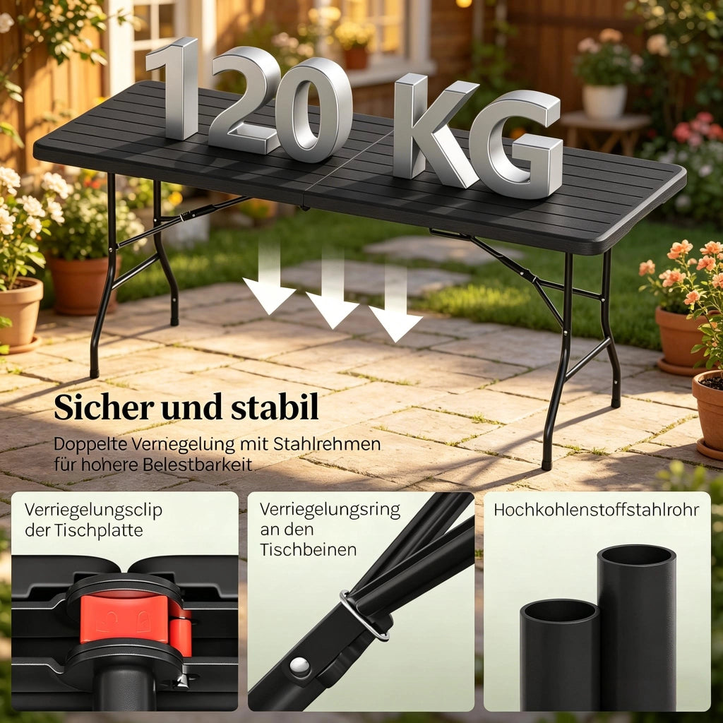 TAVOLO PIEGHEVOLE 180x74x70 cm HDPE e Metallo Nero