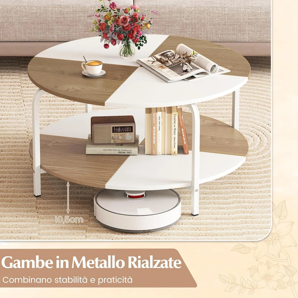 Tavolino da Caffè Rotondo, Tavolino da Salotto a 2 Piani con Struttura in Metallo e Gambe Rialzate, Tavolo da Divano Basso Moderno per Soggiorno e Ufficio, 80 x 80 x 42 cm, Bianco e Naturale