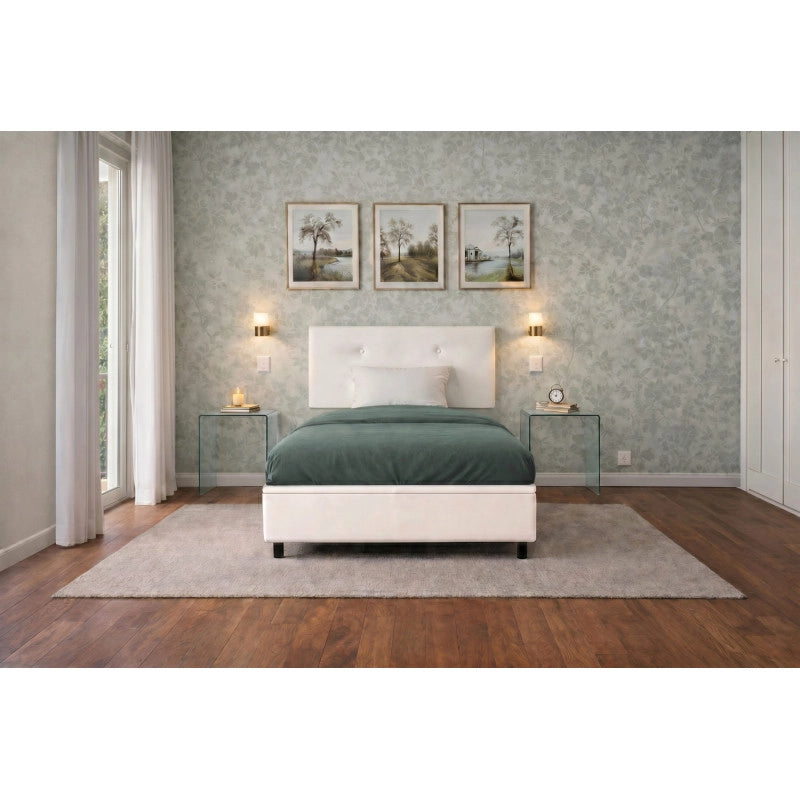 Letto imbottito Singolo 80x200 cm Button - Bianco,Similpelle,Contenitore