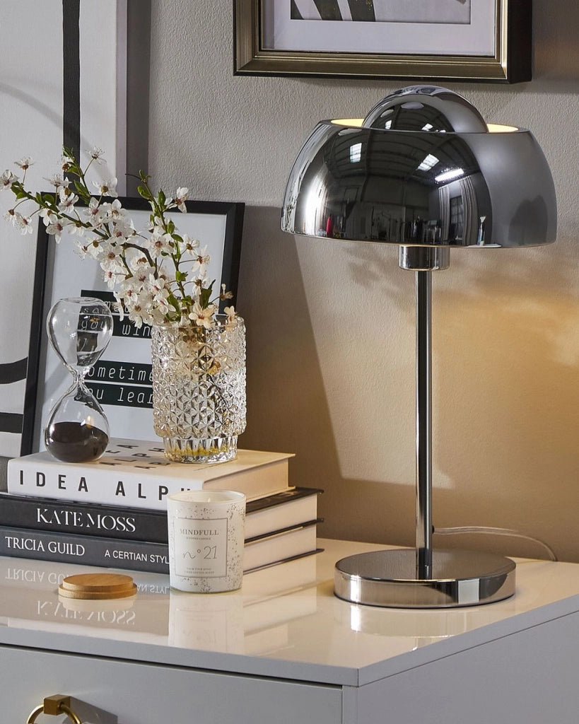 Lampada da Tavolo Comodino Luce Metallo Argento Base Rotonda Cupola Paralume Industriale