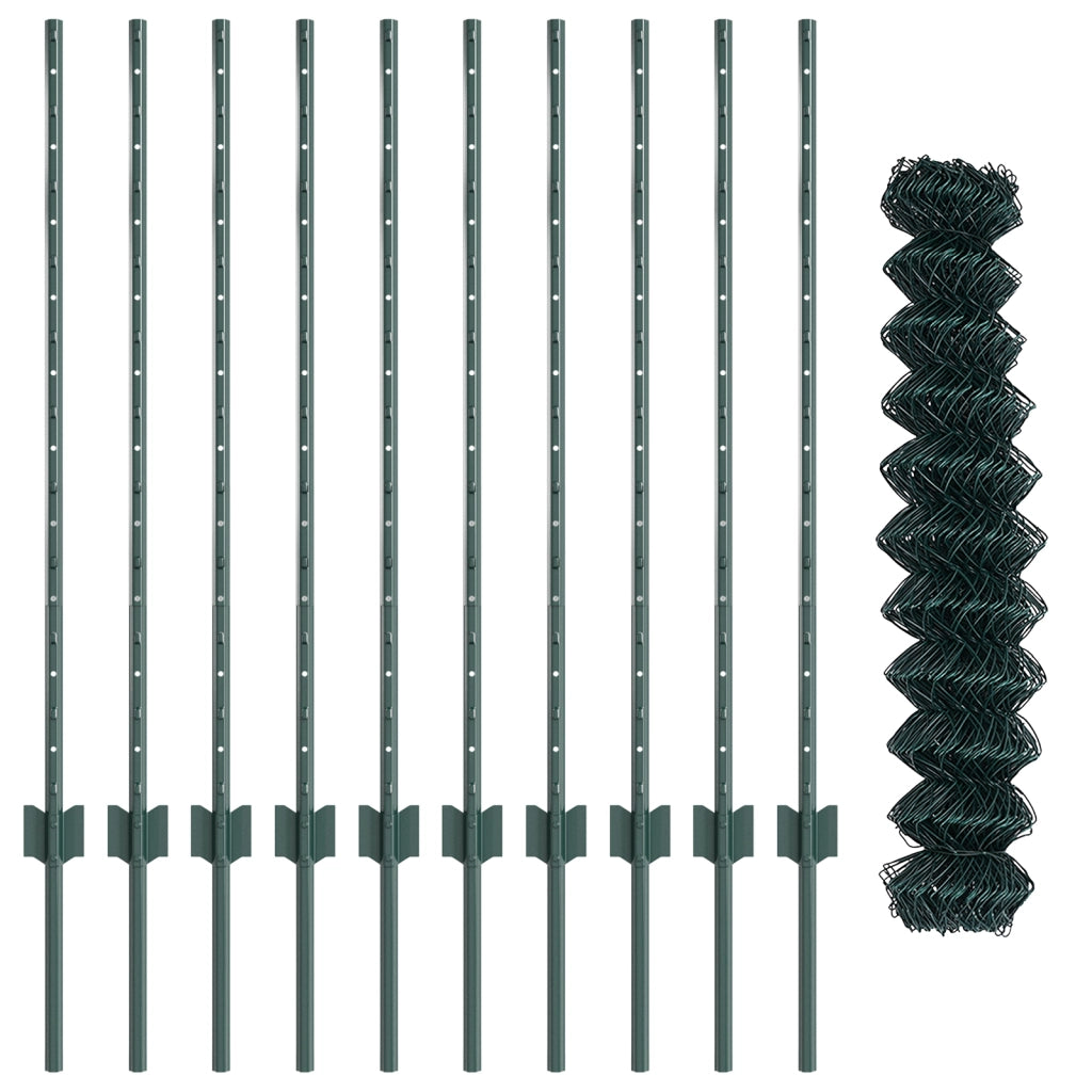 Recinto a Maglie di Catena con 10 Pali U Verde 1x10 m Acciaio
