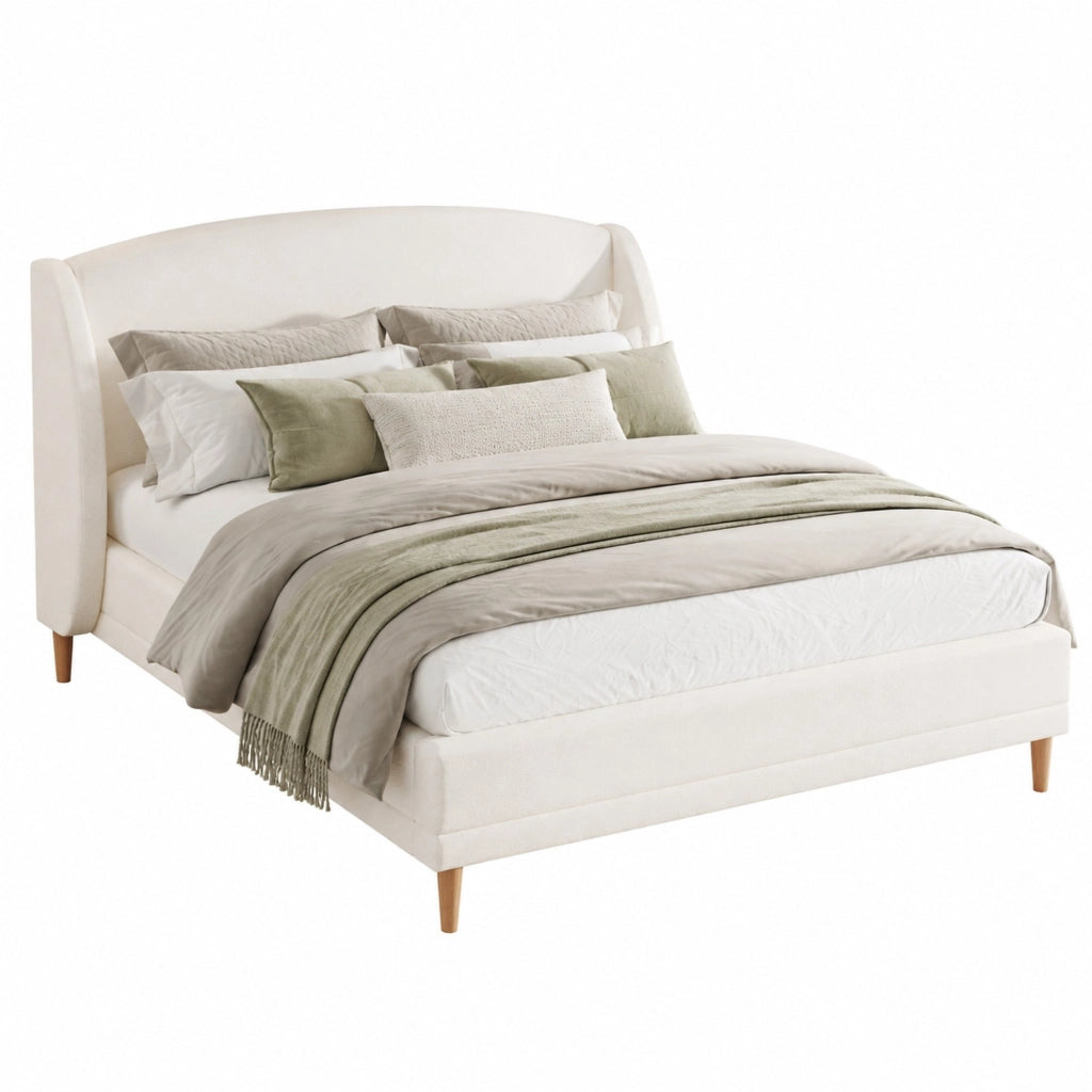 Letto matrimoniale 140x190 cm in tessuto bouclé bianco, testiera a orecchie, rete a doghe inclusa, montaggio rapido