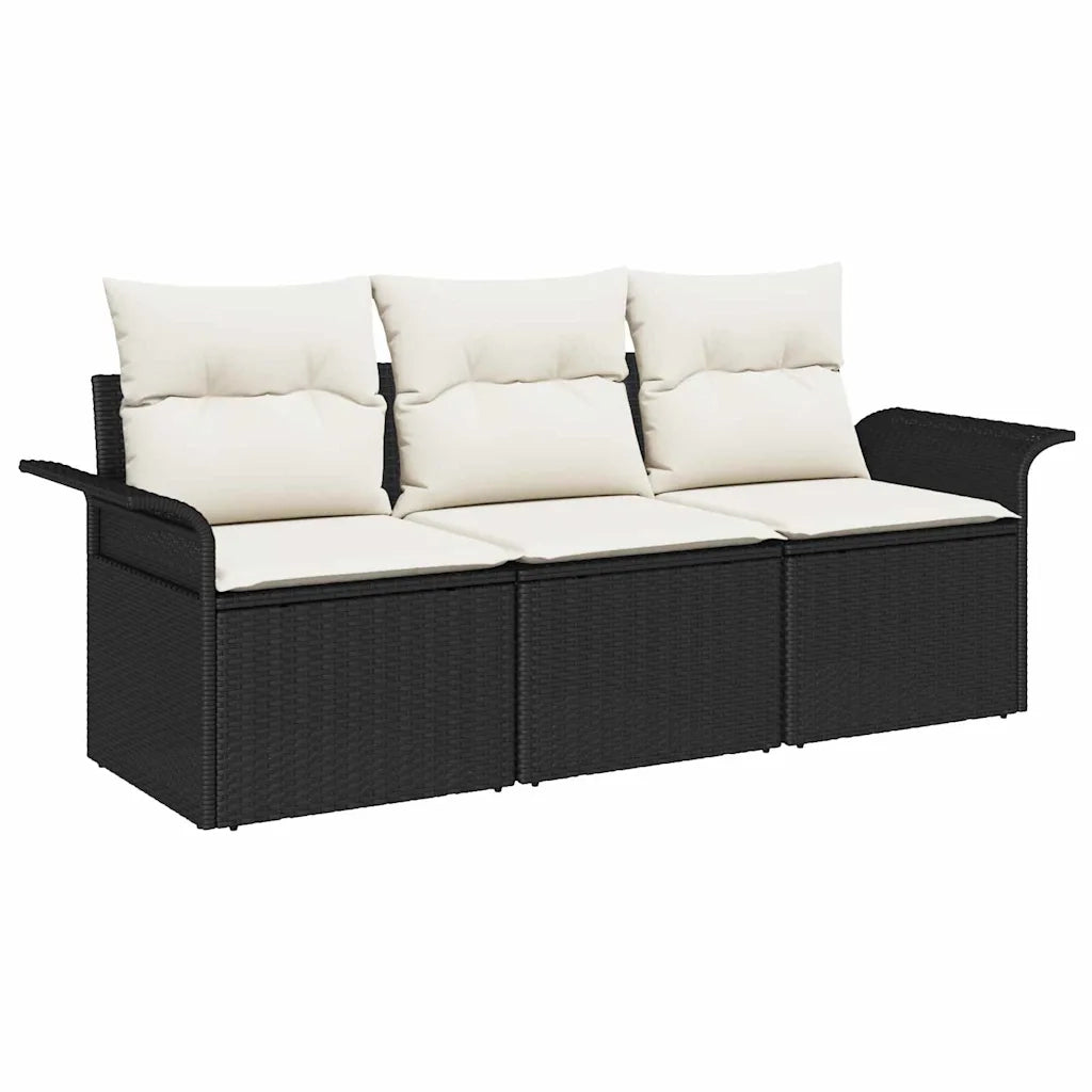 Set Divano da Giardino con cuscino 3 pz | Set Salotto da Giardino Nero Poly Rattan