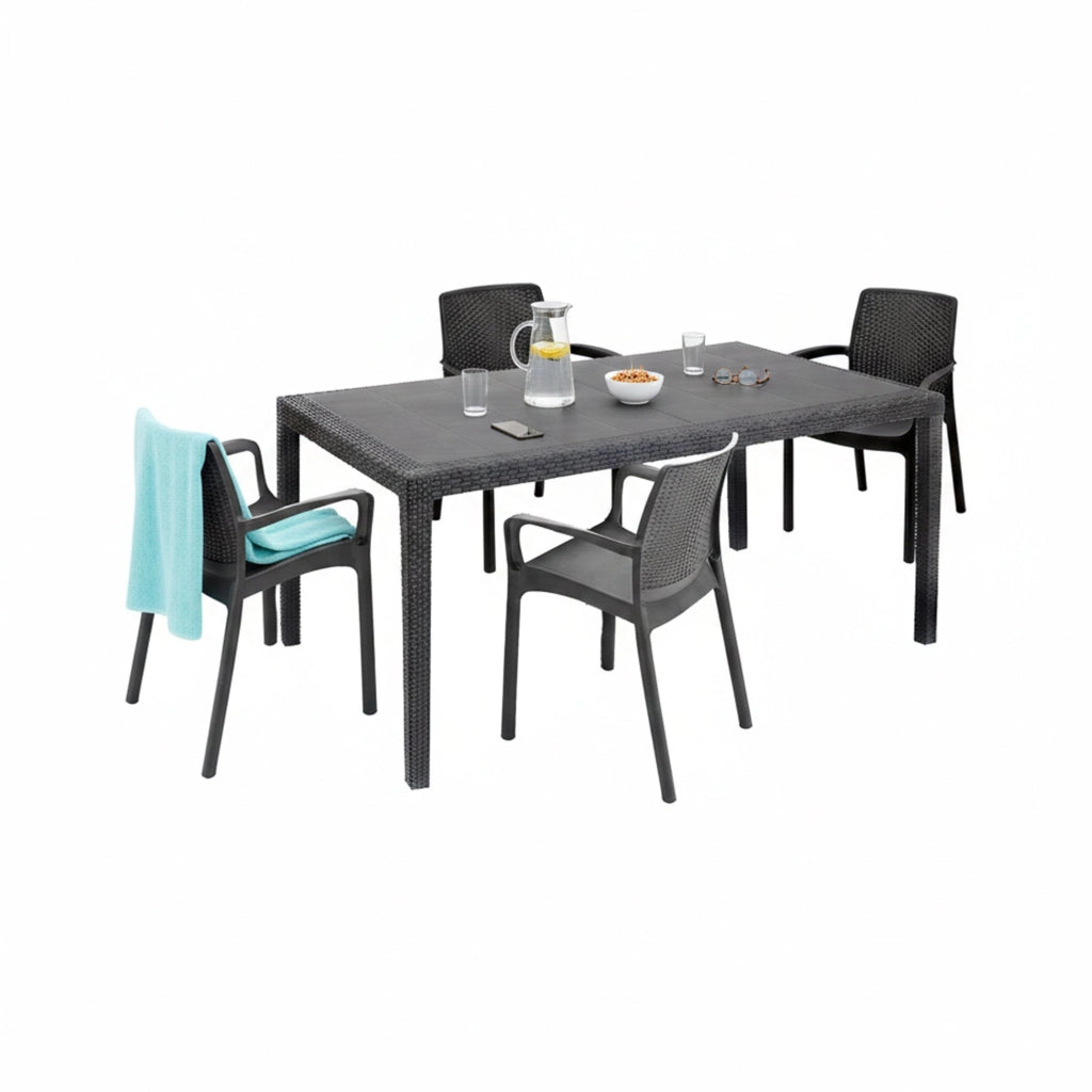 Set salotto da esterno Lograto, Salottino outdoor e indoor, Tavolo rettangolare fisso con 4 sedie impilabili, Made in Italy, Antracite