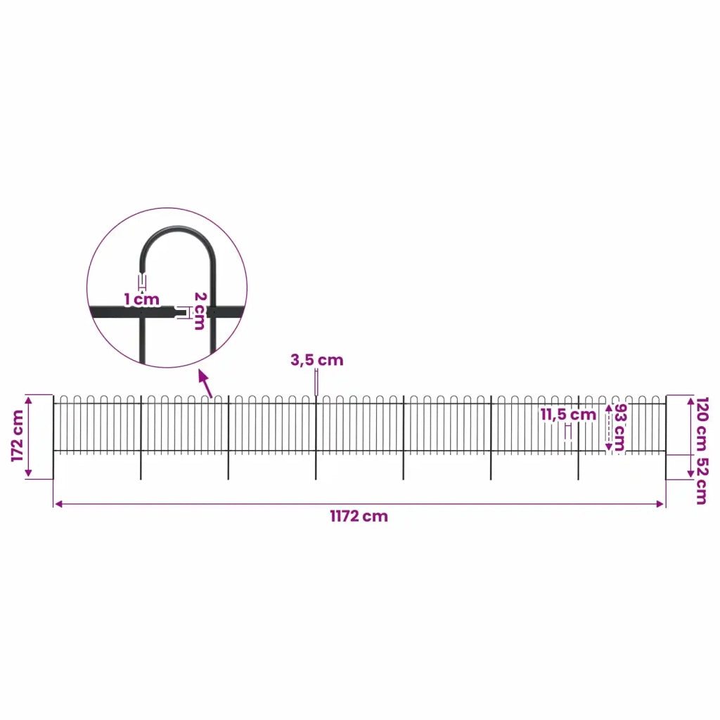 Recinzione da Giardino con Parte Superiore ad Anello in Acciaio 1172x120 cm Nero 277671