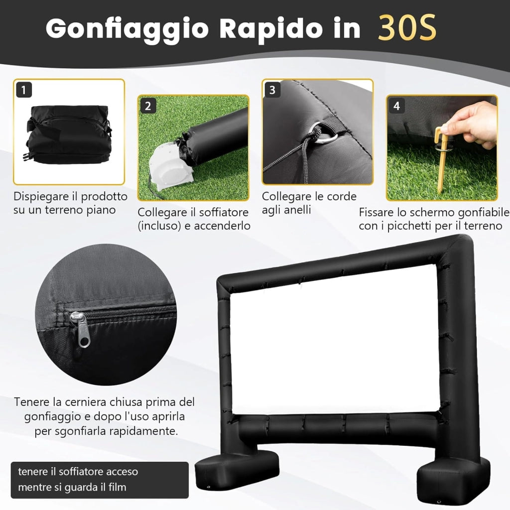 Schermo Proiettore Gonfiabile 16:9, Schermo Gonfiabile per Esterni con Soffiatore, Schermi di Proiezione con Borsa per Trasporto e Picchetti, 257 x 144 CM (Modello 1)