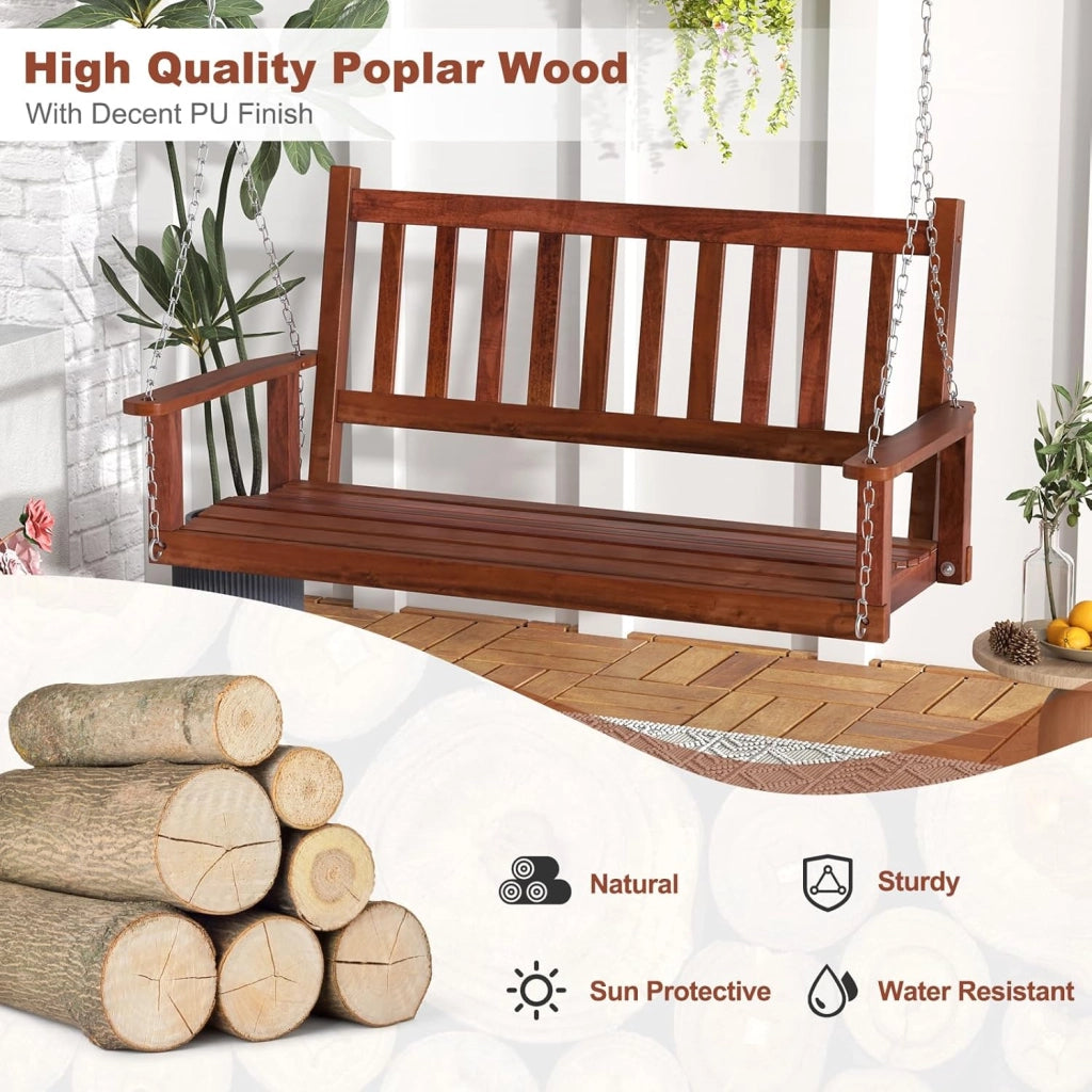 Altalena sospesa in legno per 2/3 persone con catene in metallo zincato regolabili e resistenti, con schienale a doghe e sedile per patio, giardino, 136 x 67 x 63 cm, marrone)