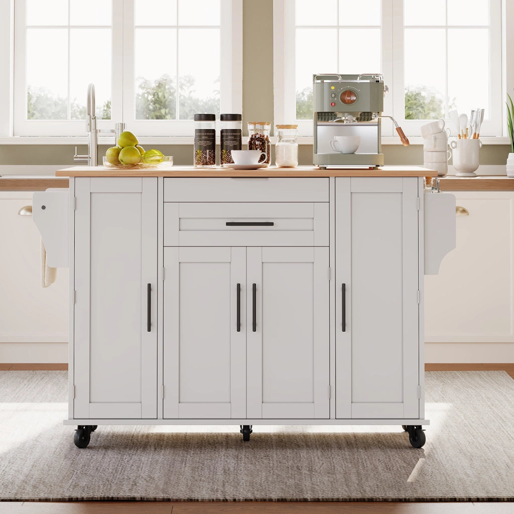 Carrello cucina mobile con piano estraibile 120×45 cm, 2 cassetti, ripiani regolabili e ruote frenanti