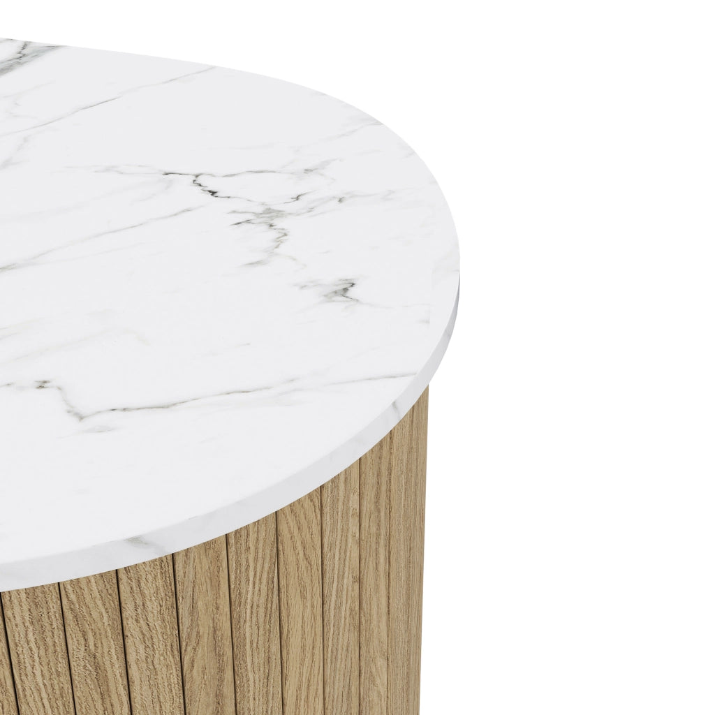 Tavolini da Caffè Nidificabili con 2 Piani; Effetto Marmo e Legno; Stile Scandinavo; in MDF; Naturale/Bianco