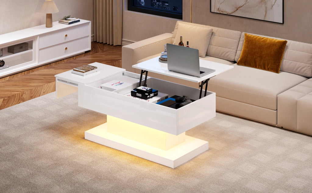 Tavolino da salotto sollevabile bianco lucido con luci led e contenitore 100x50 cm