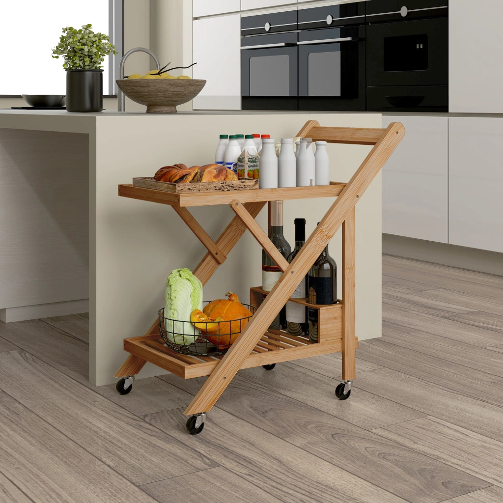 Carrello da Cucina Portavivande Pieghevole 66x40x70 cm a 2 Livelli con Portabottiglie in Legno di Bambù
