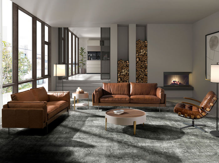 Divano a 2 posti in pelle marrone tabacco