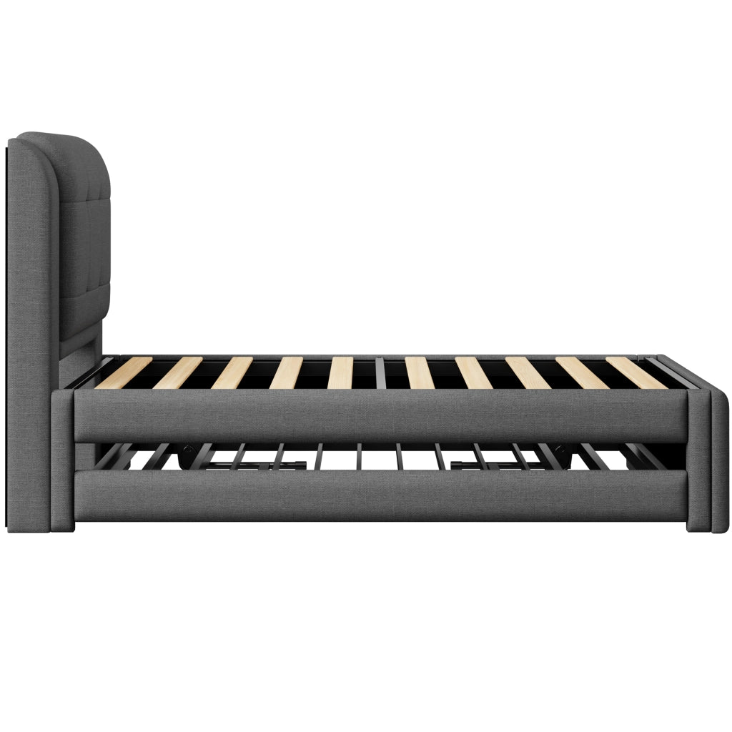 Letto imbottito 90x200 cm con letto estraibile - Zephmum - Grigio, illuminazione LED