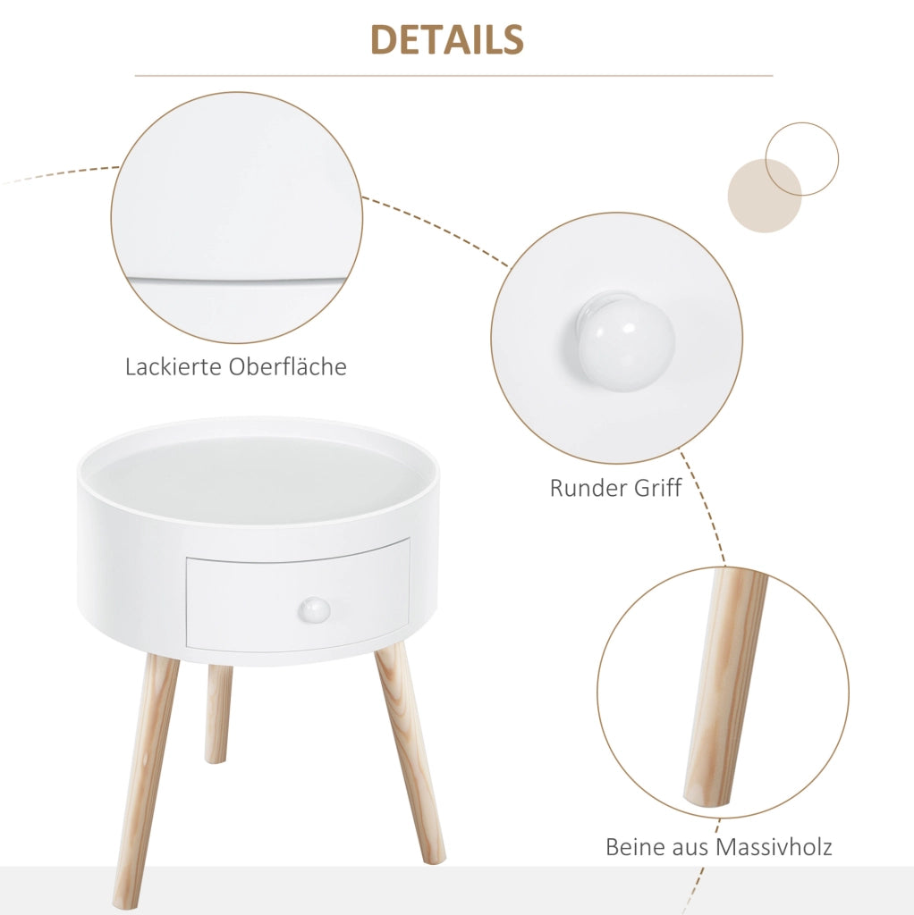 Tavolino rotondo con cassetto in legno bianco