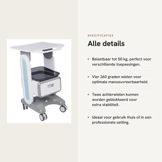 Carrello Medico 50 kg Sostenibile - Trolley con Piastra di Lavoro - Ruote Universali - Maniglia Ergonomica - Borde Antiscivolo - Adatto per Salone di Bellezza/Laboratorio