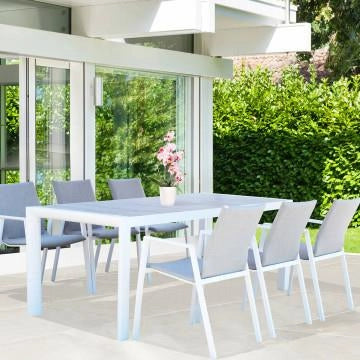 TAVOLO CARSON IN ALLUMINIO BIANCO TOP CERAMICA BI EFFETTO LEGNO 195X90X74CM OKX