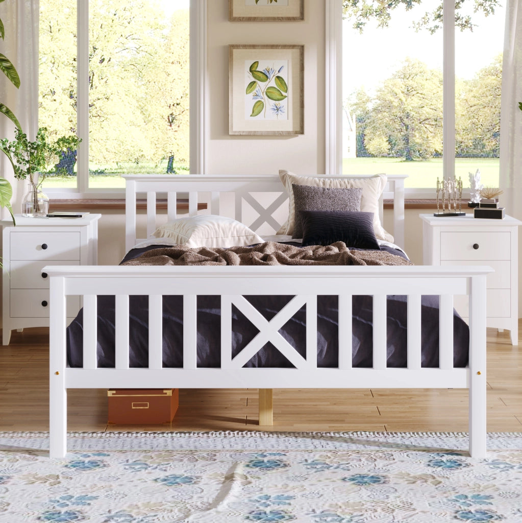 Letto matrimoniale 140x200 cm con testiera a X; legno; bianco (Senza materasso)