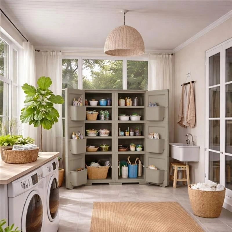 MOBILE MULTIUSO 2 ANTE TAUPE 79X43X125 CM CON 3 MODULI E 6 TASCHE LATERALI – ARMADIO ORGANIZZATORE VERTICALE PER LAVANDERIA E RIPOSTIGLIO