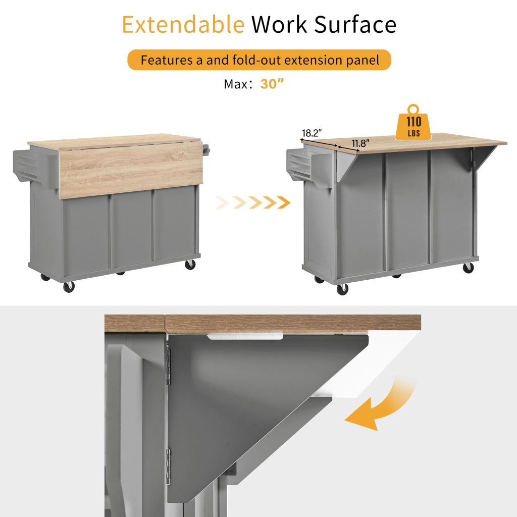 OKWISH Carrello da cucina con 2 cassetti, piano pieghevole, vano per rifiuti e portasalviette, 112 x 46.2 x 92.7 cm