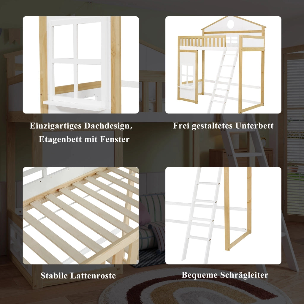 Letto a castello per bambini 90×200 cm con scala; barriera di sicurezza; tetto e finestre; senza materasso