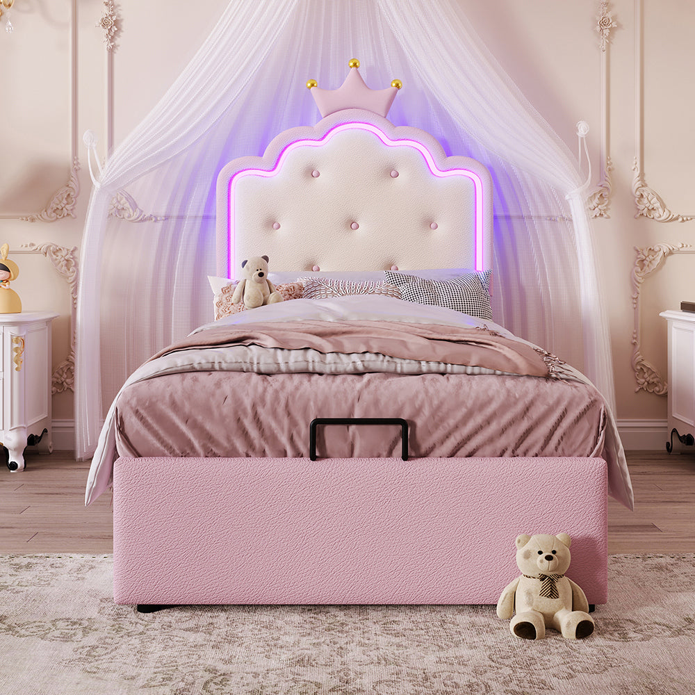 Letto a cassone 90x200 cm - Xylo - Luce LED telecomandata, design principesco, colore rosa