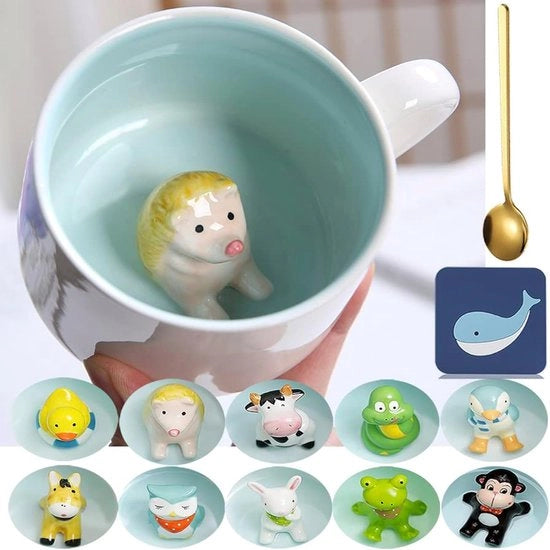 Tazzina di Tè con Faccia di Cinghiale - 350ml Tazzina di Tè con Cucchiaio e Sostegno - Tazzina di Tè Keramica con Animale 3D - Tazzina di Tè con Disegno Scherzoso