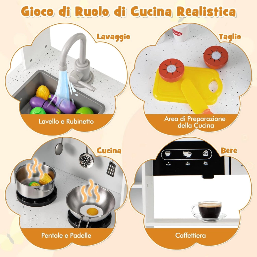 Cucina Giocattolo per Bambini, Cucina Legno per Bambini Con Forno, Microonde, Macchina del Ghiaccio, Macchina per Caffè, Lavello e Rubinetto, Con Suoni e Luci, per Bambini 3+ Anni (Bianco)