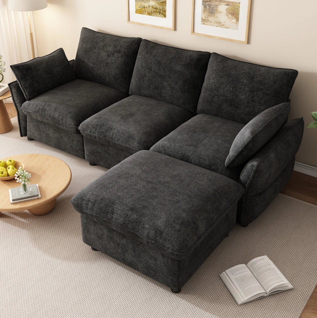 Divano angolare L in ciniglia con chaise longue e pouf, grigio scuro, 222,5 × 154,5 × 76,5 cm