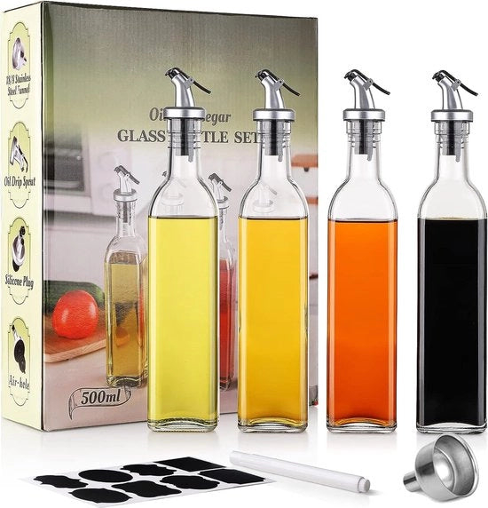 Set di flaconi per olio e aceto, 4-pack di flaconi in vetro da 500 ml, set di flaconi per olio e aceto con 4 beccucci e 1 imbuto, flacone per dispensare olio per cucina, cottura e preparazione di insalate.