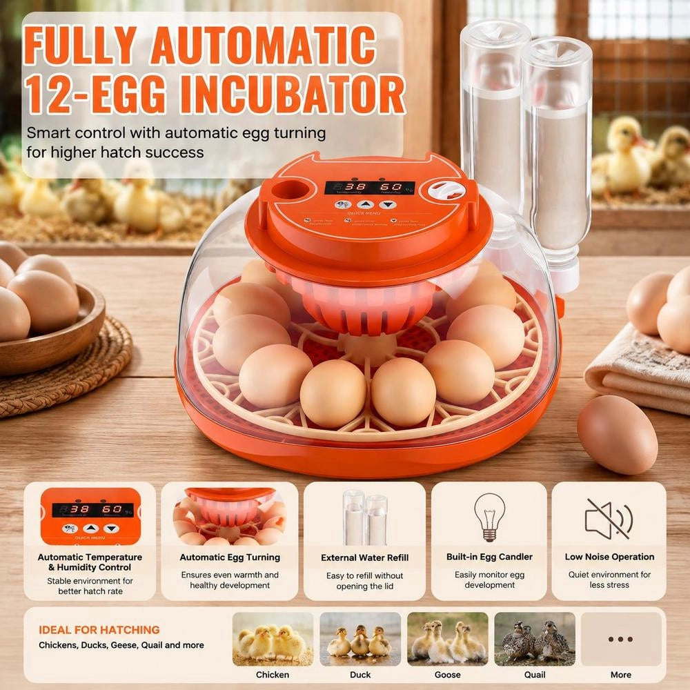 Fully Automatic 12-egg Incubator With Egg Turner, Temperature And Humidity Control, For Hatching Chicks, Ducks, Geese, And Quail.