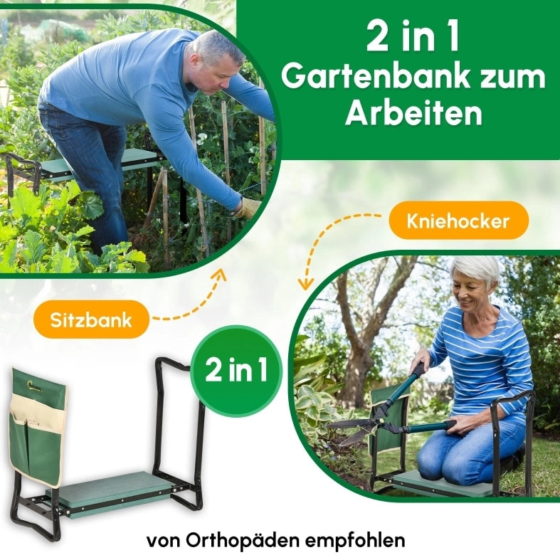 Panca da ginocchia pieghevole 2-in-1 per giardino con borsa porta attrezzi, schiuma EVA, 58x28x49 cm