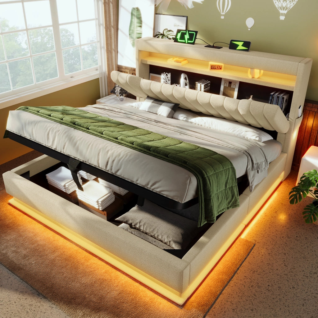 Letti contenitori 140x190 cm con LED e ricarica; lino; beige (Senza materasso)