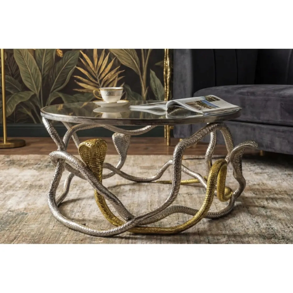Tavolino basso VIPEREA rotondo 67 cm in alluminio argentato e dorato con vetro temperato