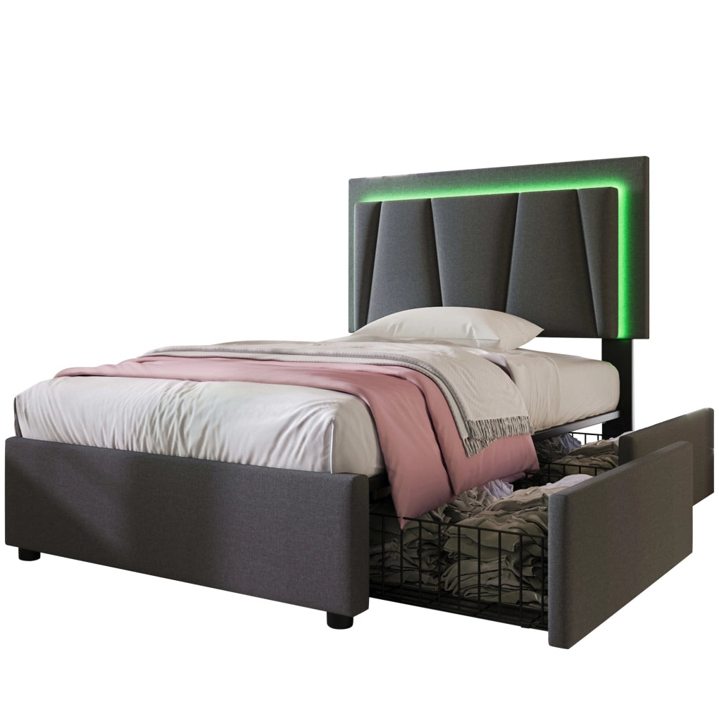 Letto singolo 90x200 cm con LED e 2 cassetti; testiera regolabile; tessuto grigio