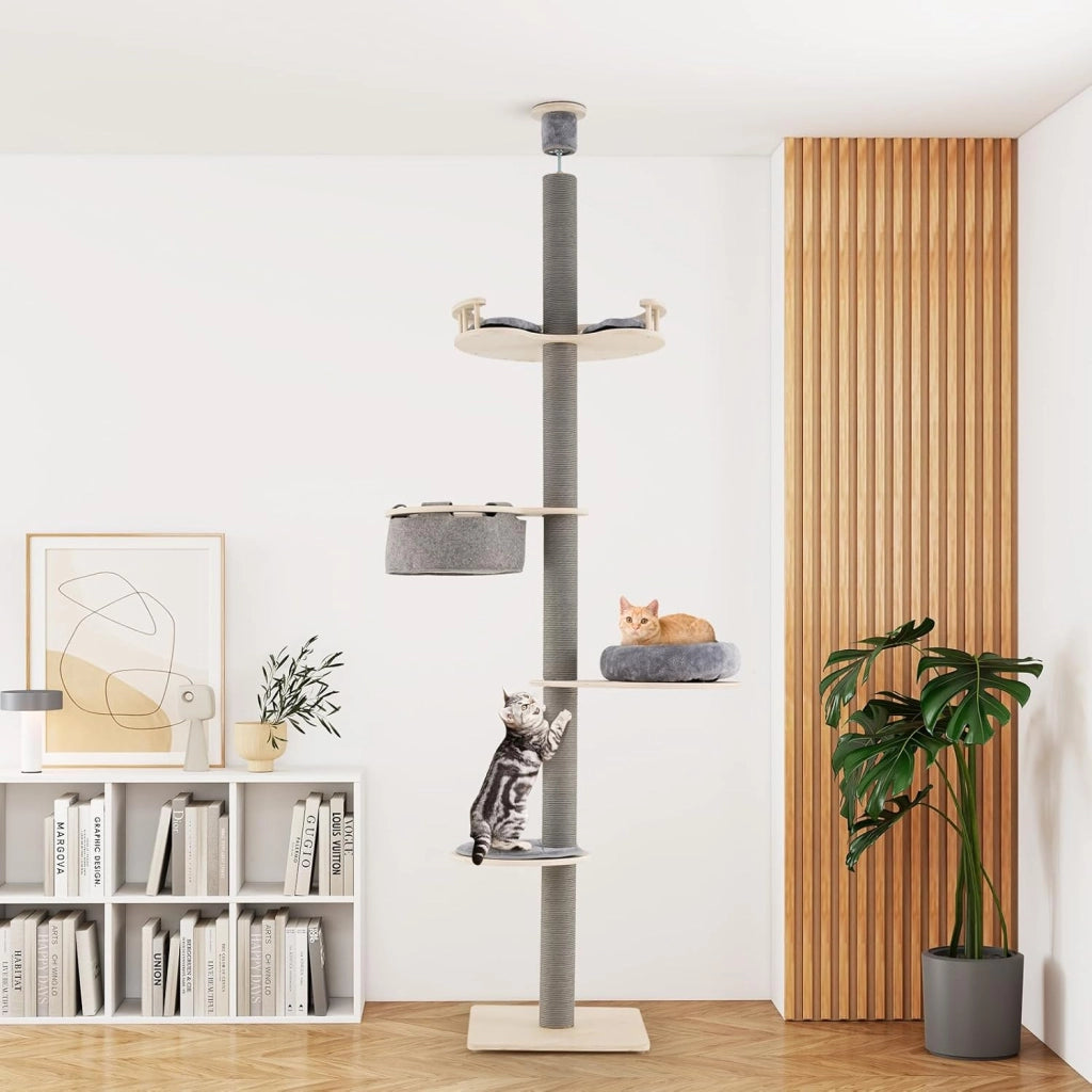 Albero per Gatti da Pavimento a Soffitto con Altezza Regolabile 236-271 cm, Tiragraffi per Gattini in Legno a 5 Livelli con Ripiano, Letto Peluche, Amaca e Pali Tiragraffi, Mobile per Gatti da Interno