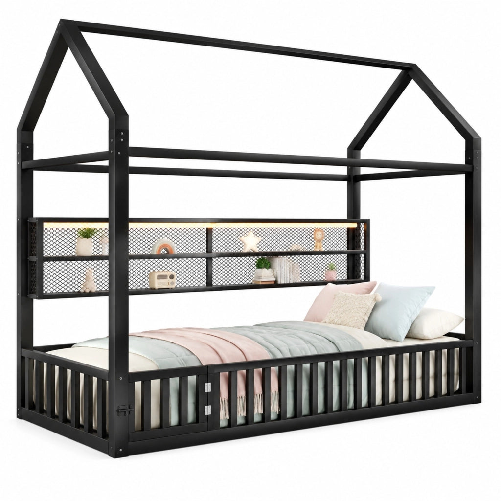 Letto singolo a casetta 90x200 cm con barriera di sicurezza e LED 7 colori in metallo nero
