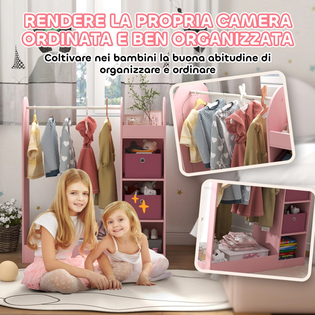Appendiabiti per Bambini con Ripiani, Scatole e Specchio in Legno, Rosa