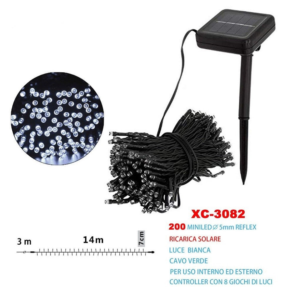 Trade Shop - Catena Luminosa Natale 200led Con Ricarica Ad Energia Solare Luce Bianca Xc-3082 -