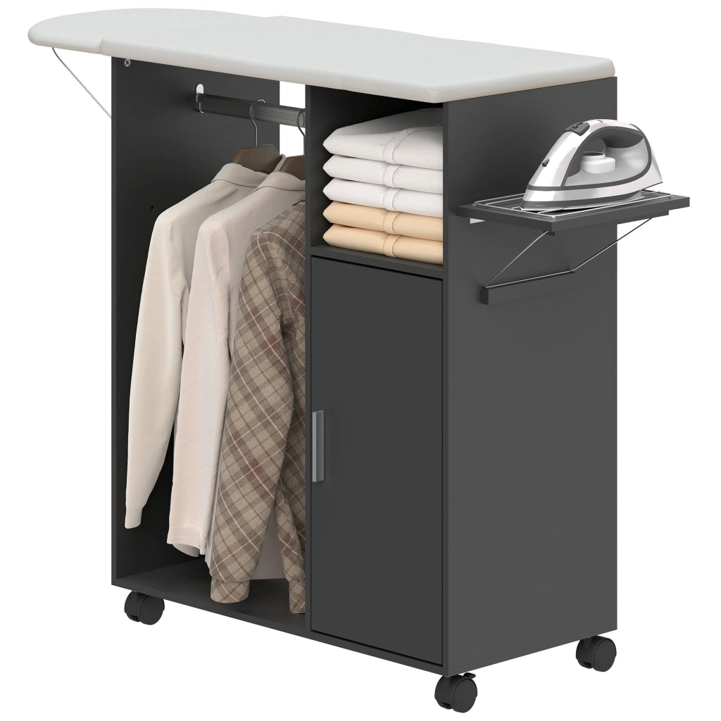 Mobile Asse da Stiro con Piano d'Appoggio Effetto Lino. 3 Ripiani a Cubo e Guida. 127x42.5x99 cm. Nero
