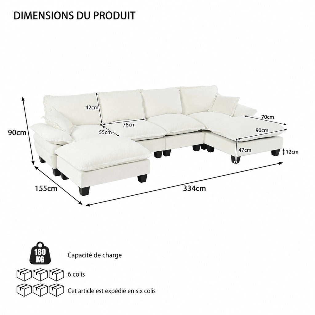 Divano modulare a U con ispirazione a vela, pouf mobile e braccioli rimovibili, in chenille beige, 332 × 151 × 90 cm