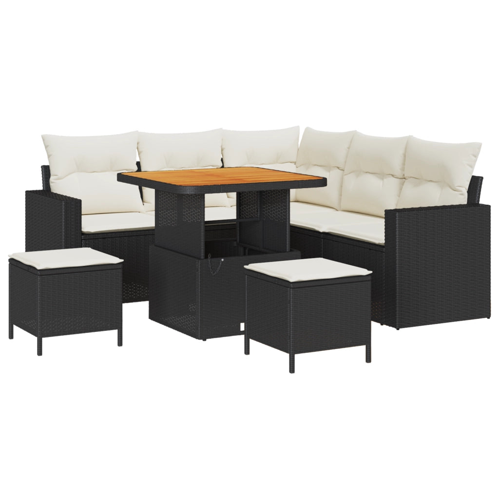 Set Divano da Giardino 8 Pezzi con Cuscini Nero Polyrattan Acacia
