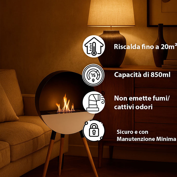 Camino a Bioetanolo da Terra Jupiter Serbatoio 850 ml in Acciaio Verniciato Nero e Rovere